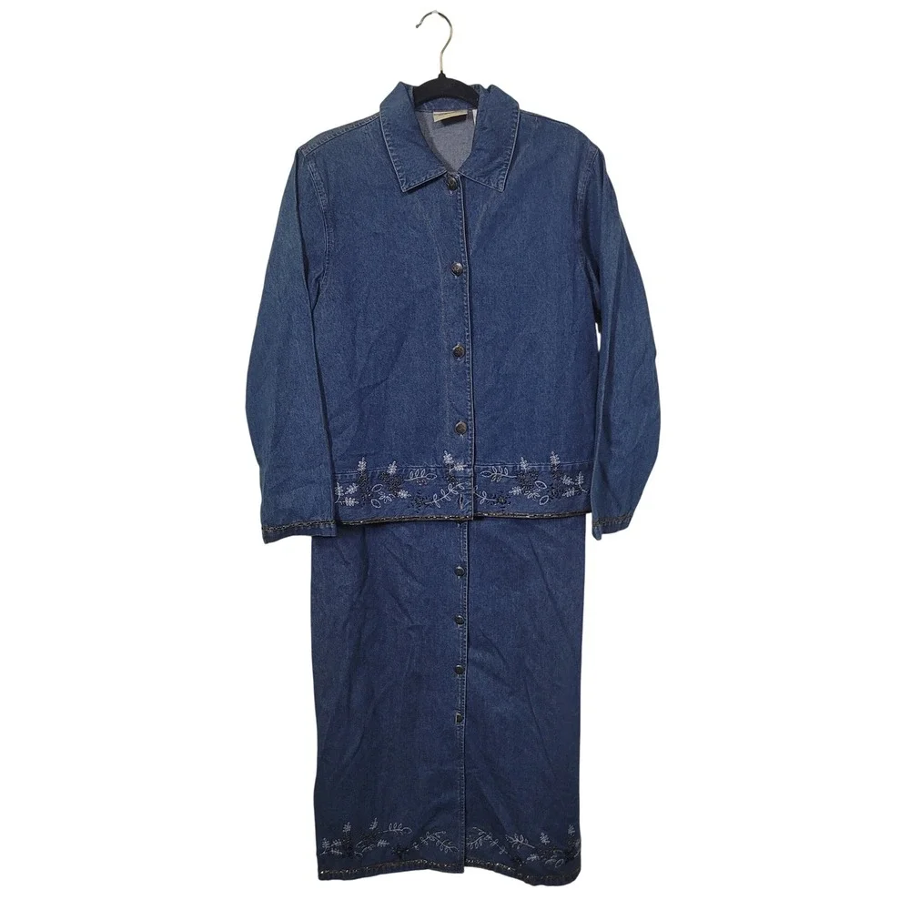 Field Manor Size 12 Denim Dress and Jacket Set Womens Embroidered Beaded Blue